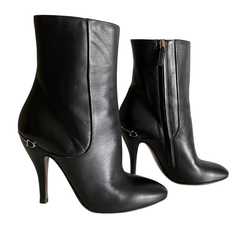 Gucci Nappa Charlotte Black Leather Horsebit Stiletto Ankle Boots 38 Italy Frida